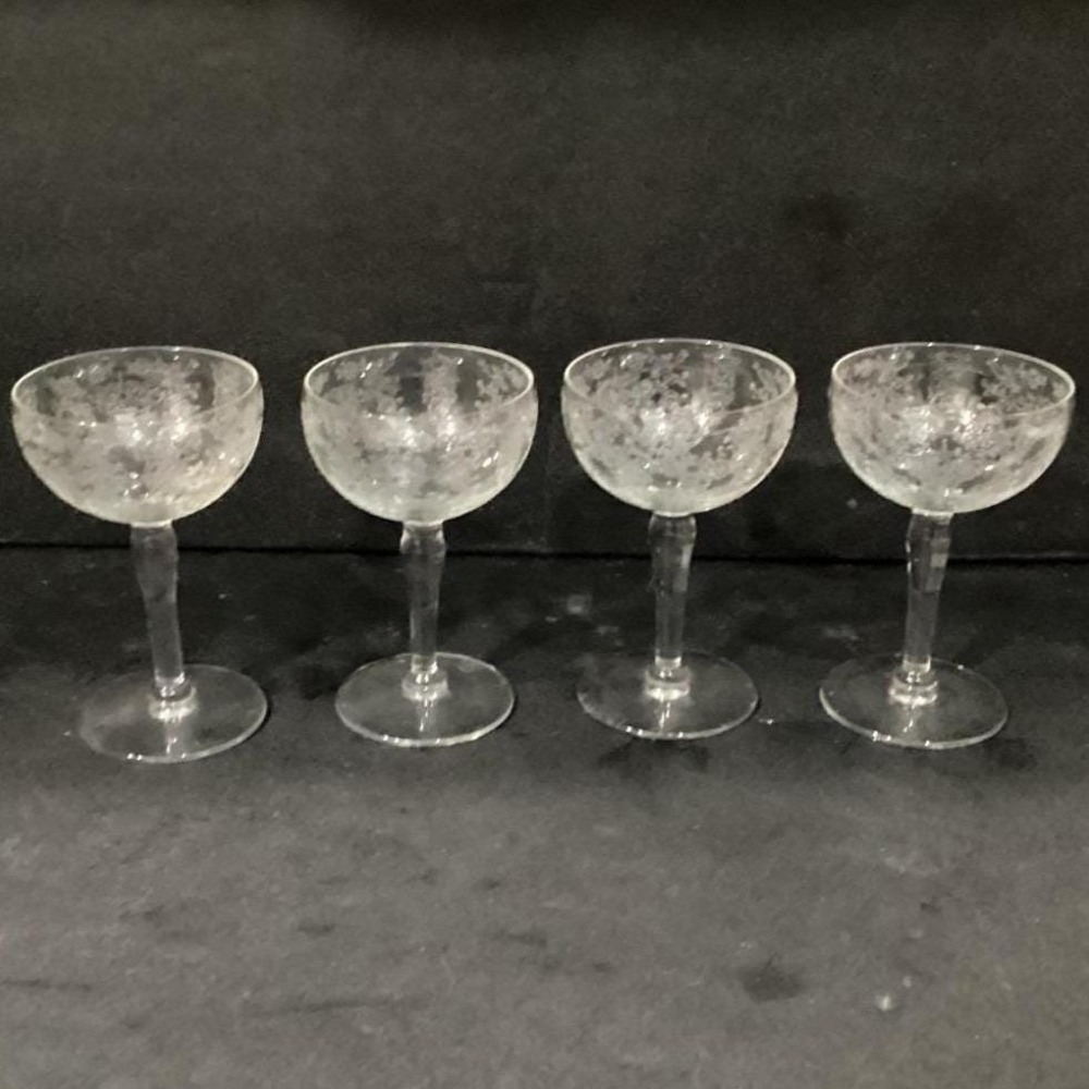 Fostoria Style Chinz Tall Sherbet Glasses, Set Of 4, Vintage Etched Stemware - Picture 9 of 11